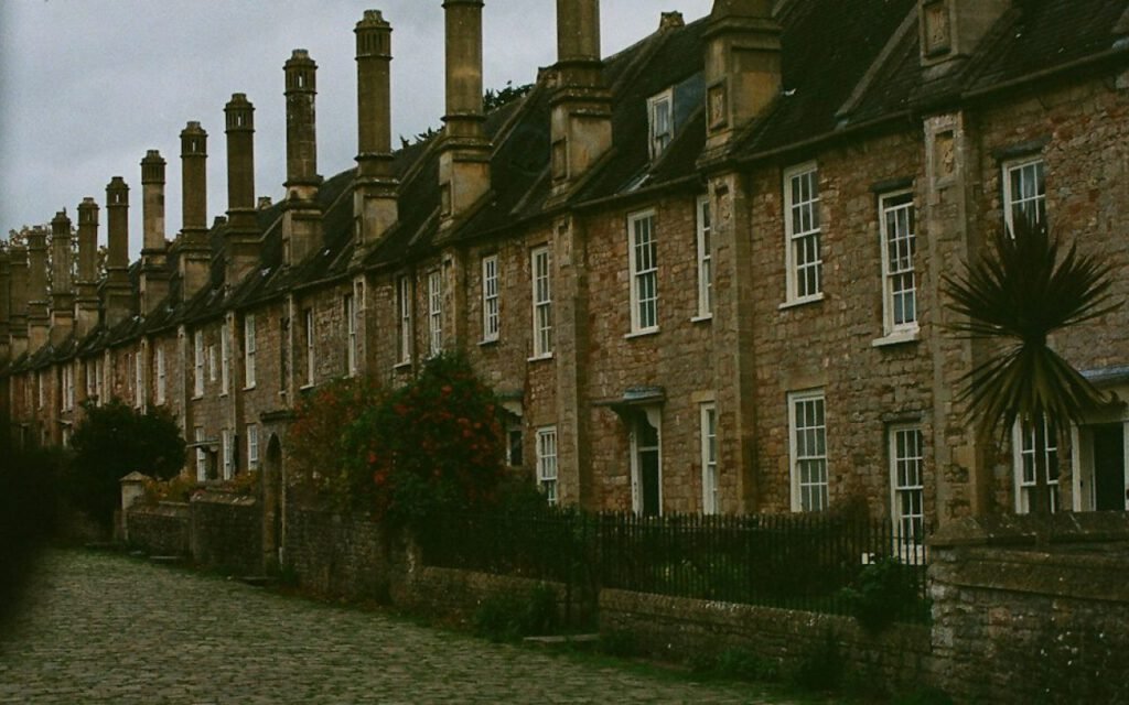 A row of historic brick buildings along a downtown street
