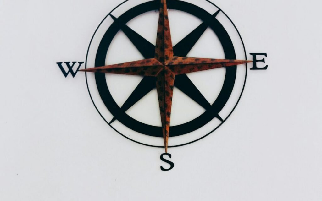 A compass resting on a folded topographic map