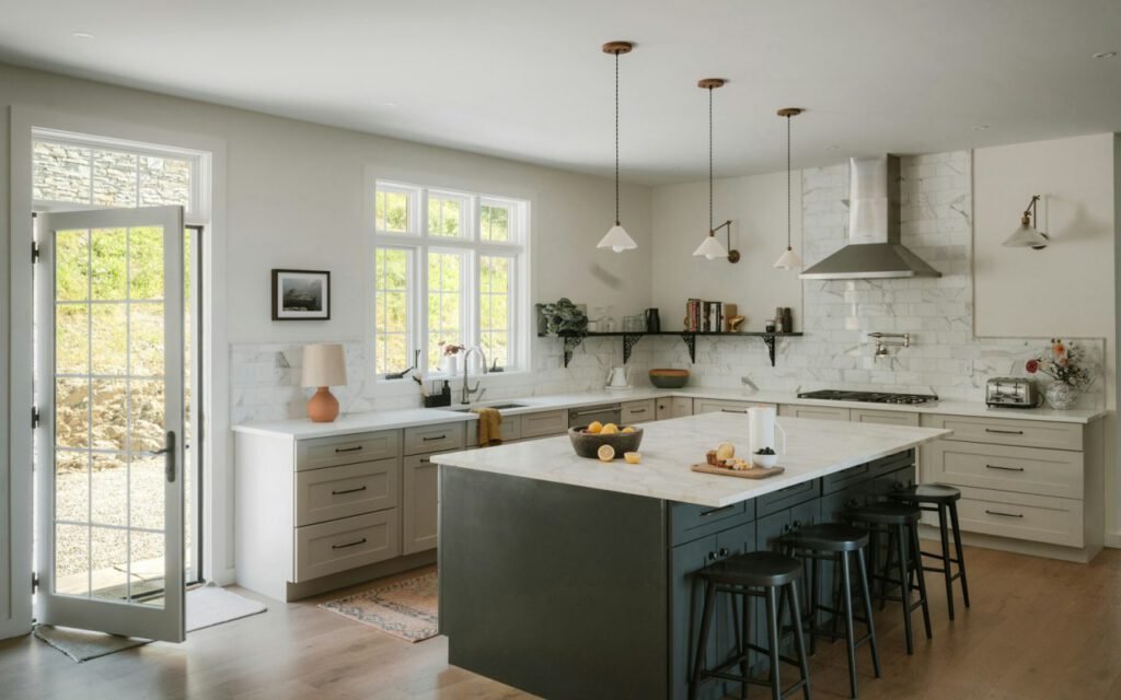 A bright, tidy kitchen with an island and cabinets