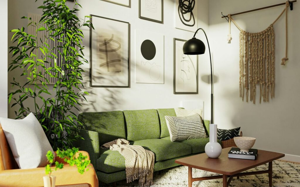 A green sofa in a cozy living room ready for a night of TV