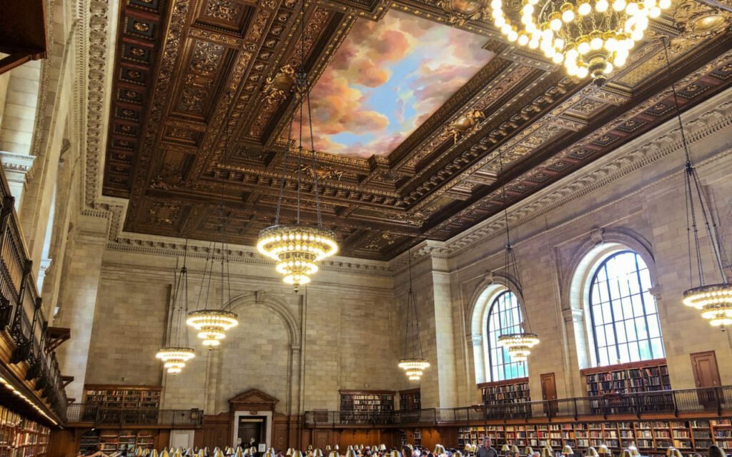 People gathered inside a public library