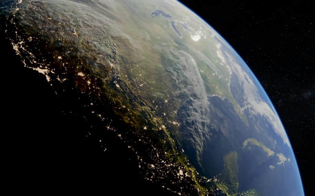 Earth seen from orbit at night with city lights