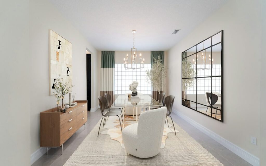 A bright dining room with tables set for guests