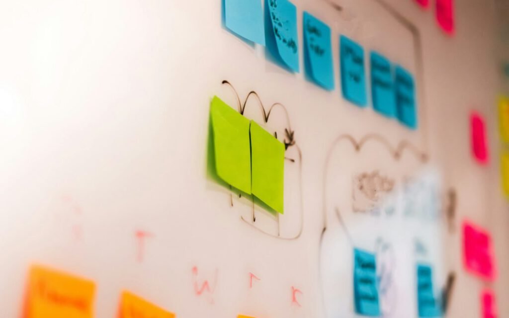 A wall covered with colorful sticky notes during a planning session