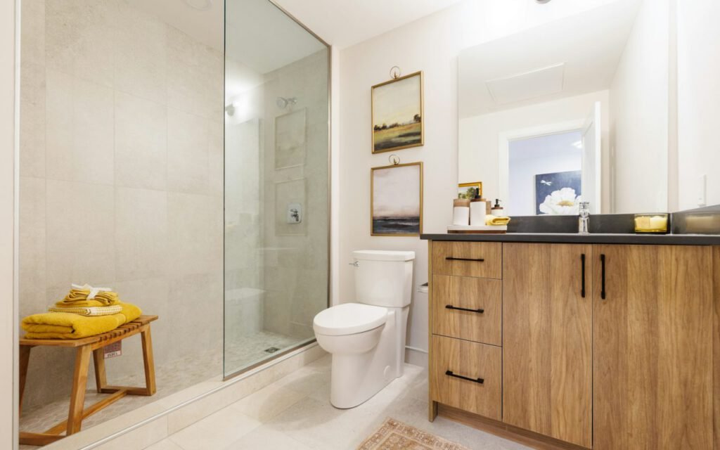 Bright bathroom vanity with a clean sink and mirror