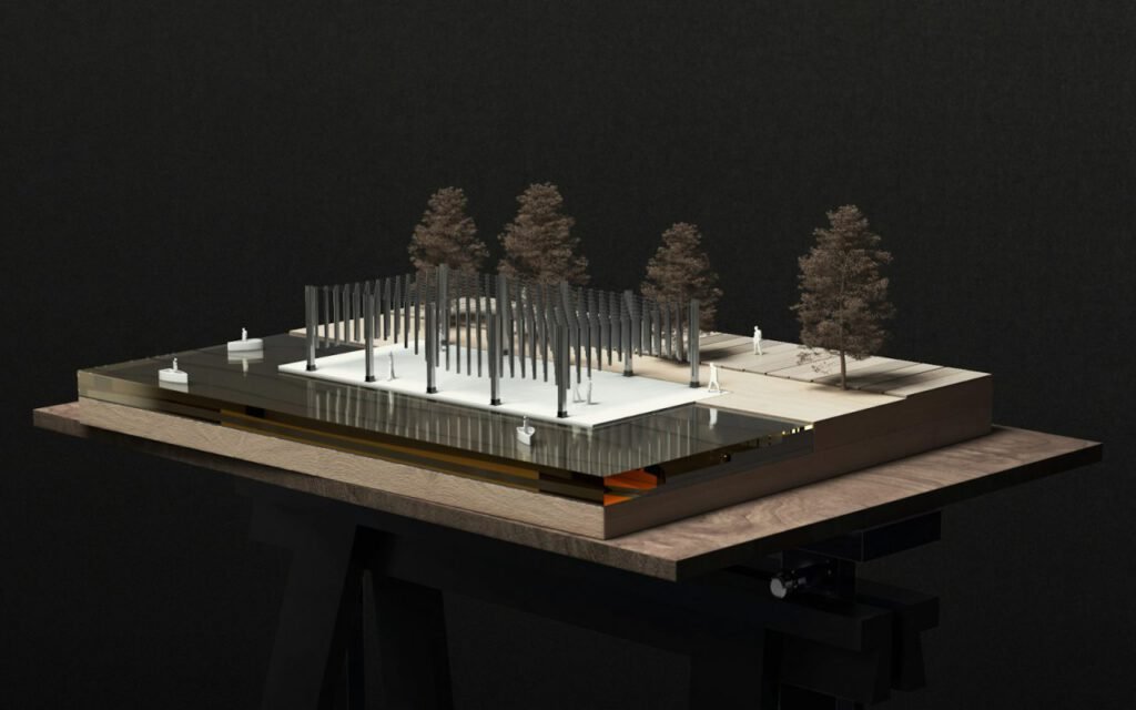 A small white architectural model surrounded by miniature trees