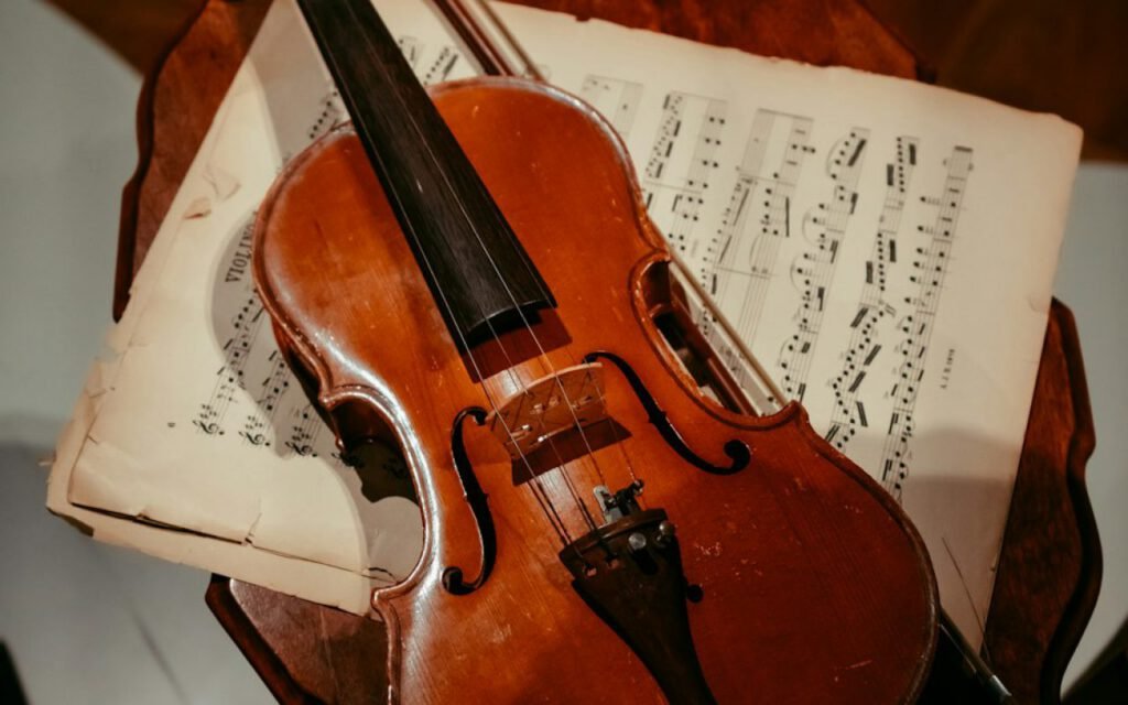 Close view of a violin and bow