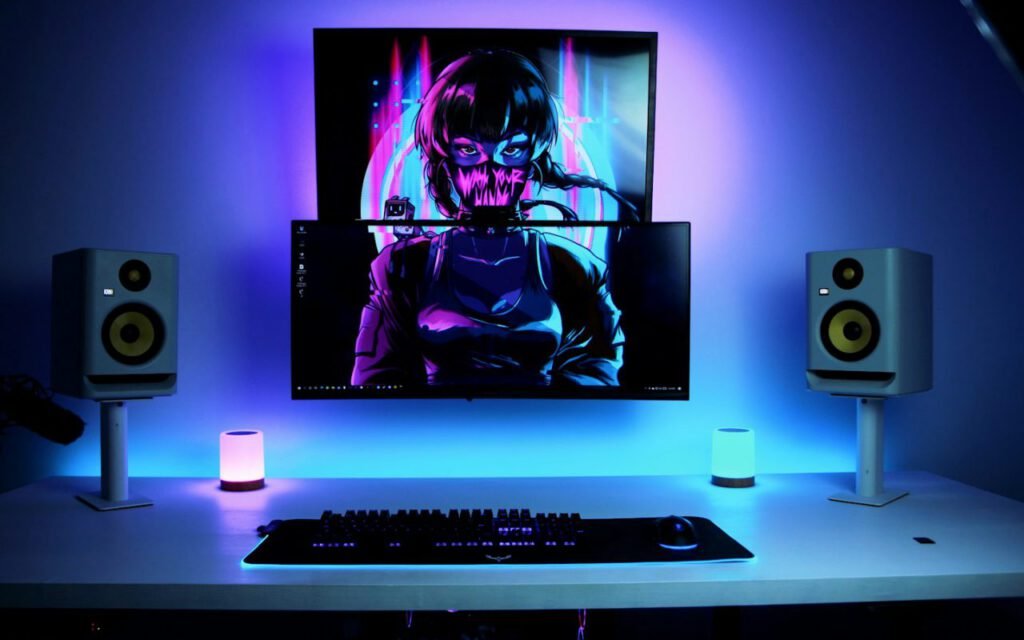 Glowing monitor in a dark room late at night