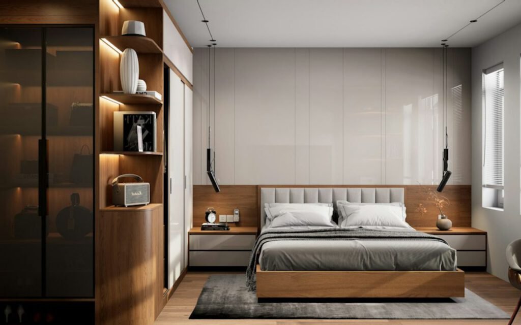 A calm bedroom with a natural wood bed and simple decor
