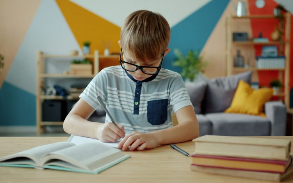 A child doing homework at a desk