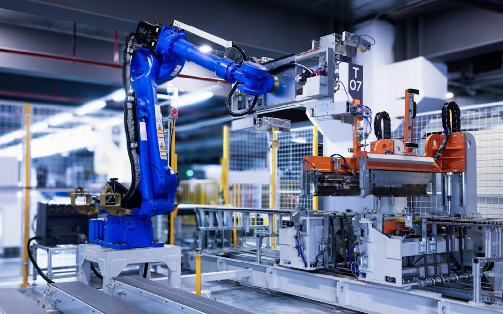 A close view of a robotic arm with a gripper