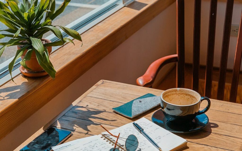Open notebook with handwriting next to a cup of coffee on a table