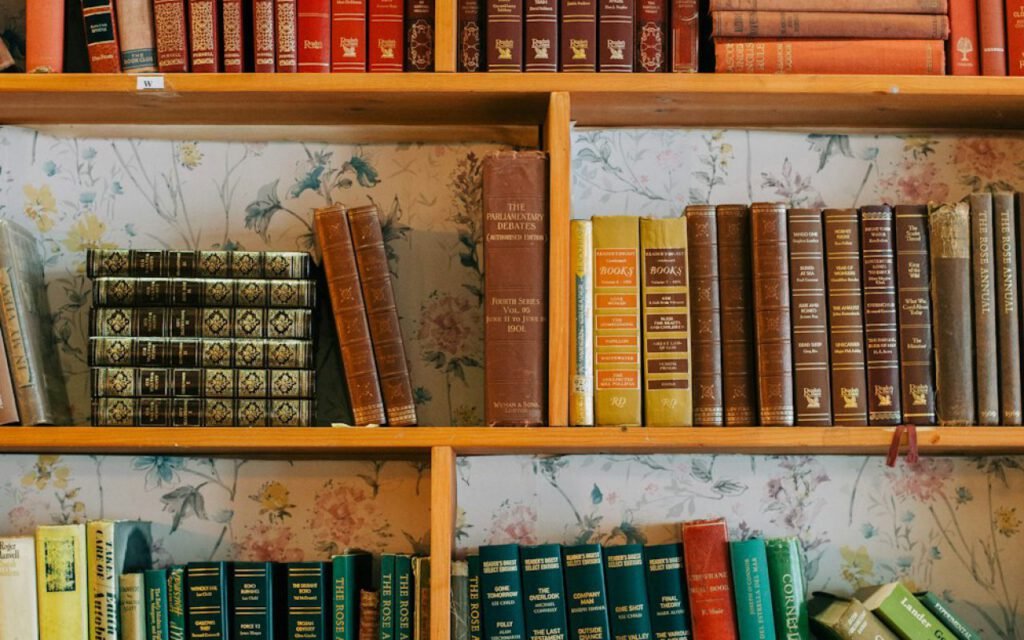 Rows of used books on wooden shelves in a cozy bookstore