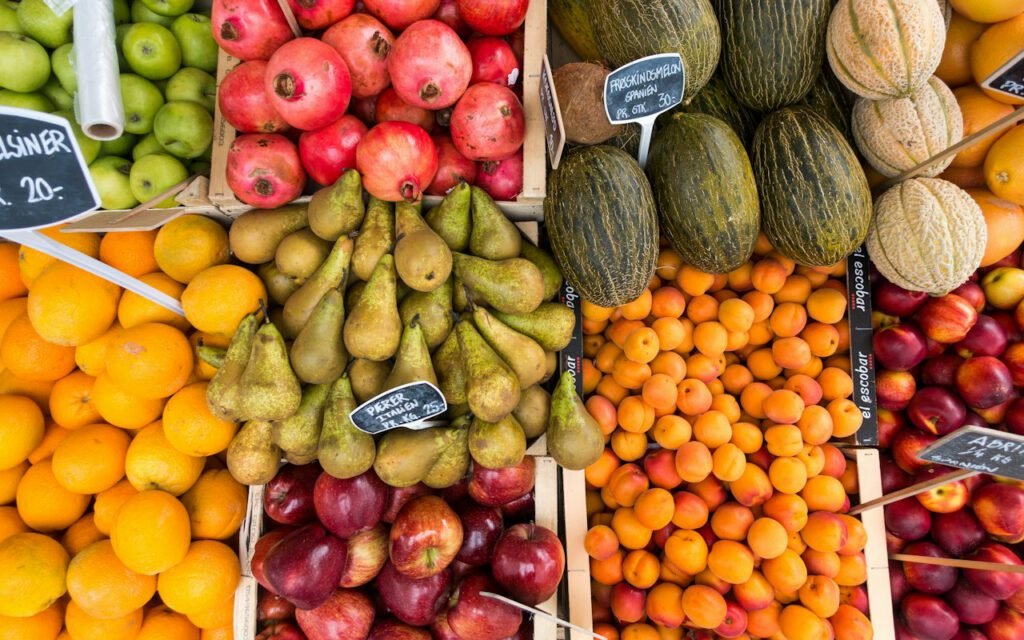 Fresh vegetables arranged on a market stall