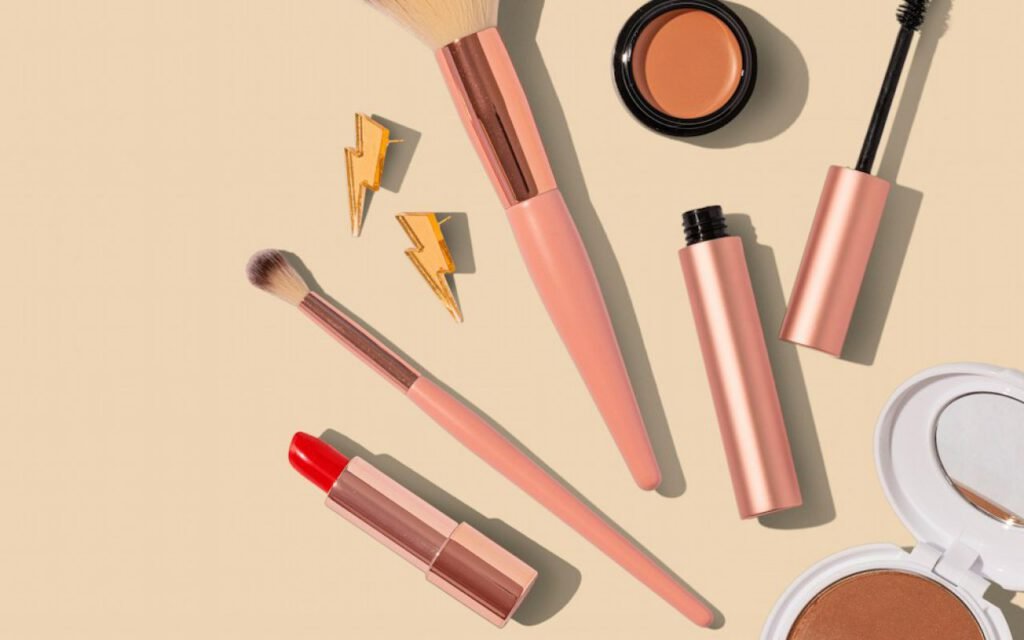 A neat vanity flat lay with accessories and beauty products