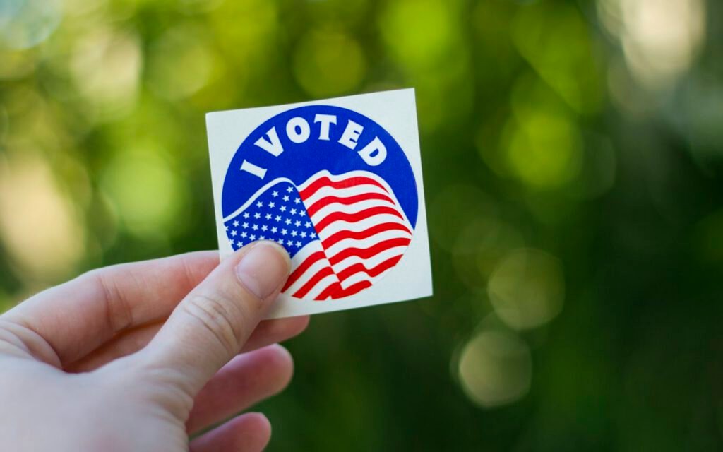 An 'I Voted' sticker on a person's clothing