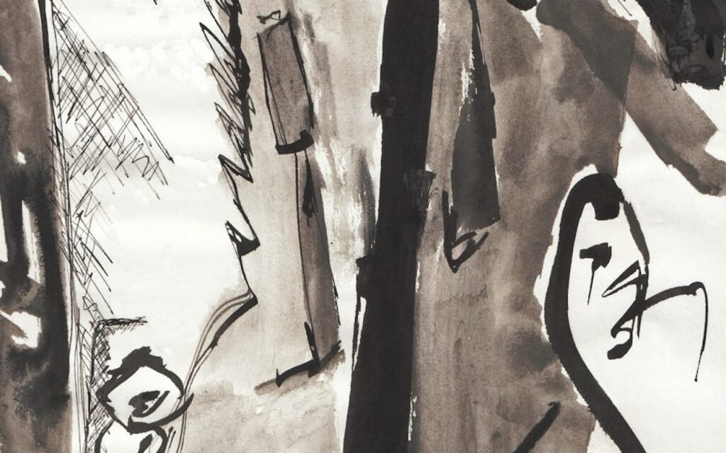 Rough ink sketches on paper