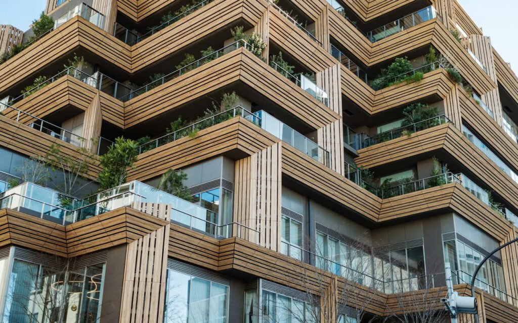Apartment building with wood-trimmed balconies