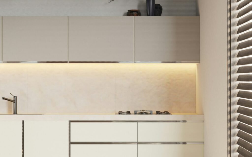 Compact kitchen with wood cabinets and open shelving
