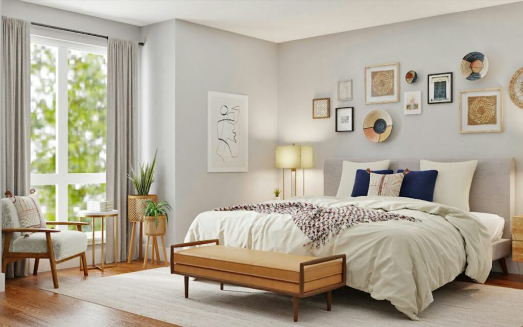 A calm, freshly painted bedroom with soft colors