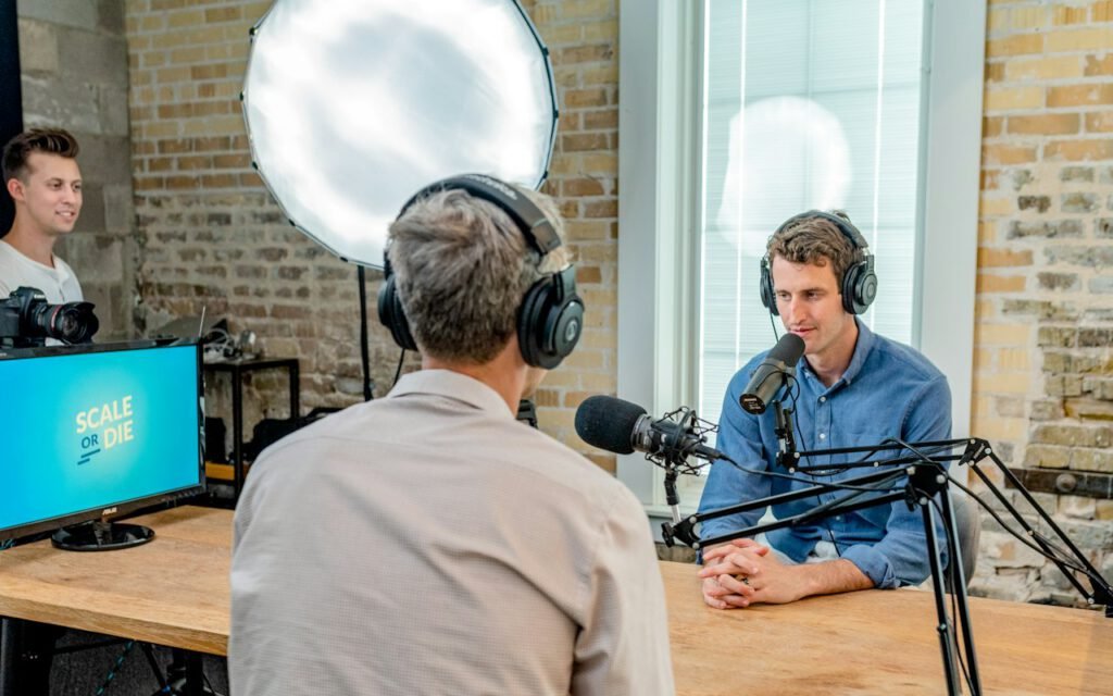 Microphone on a boom arm in a small home studio
