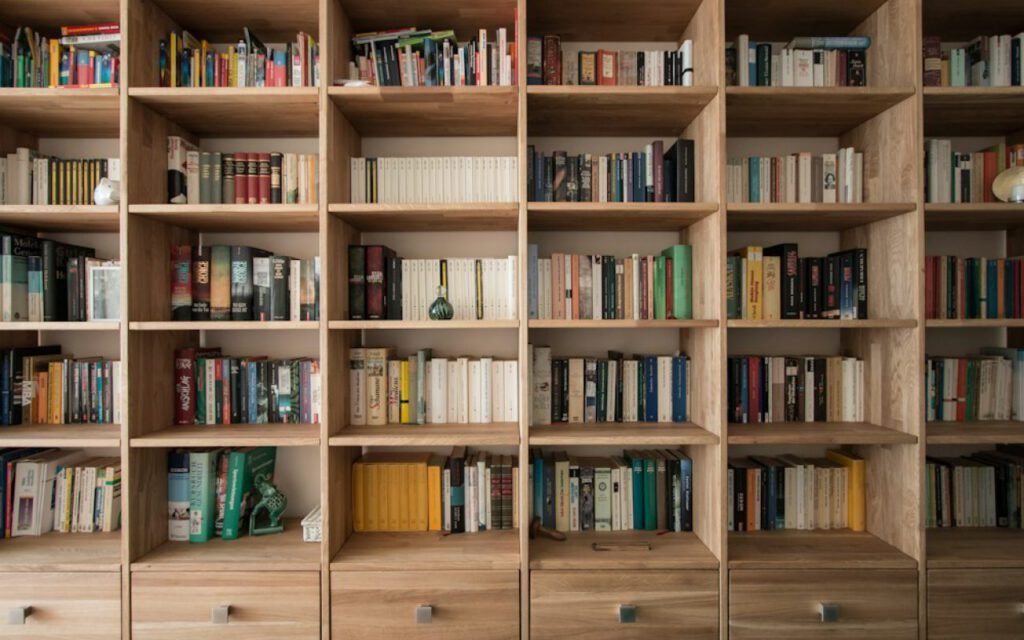 Home bookshelf full of well-worn books