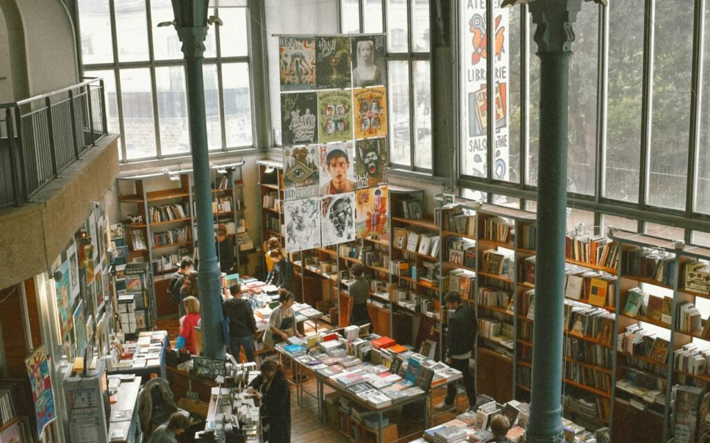 Shelves of used books inside a small independent bookstore