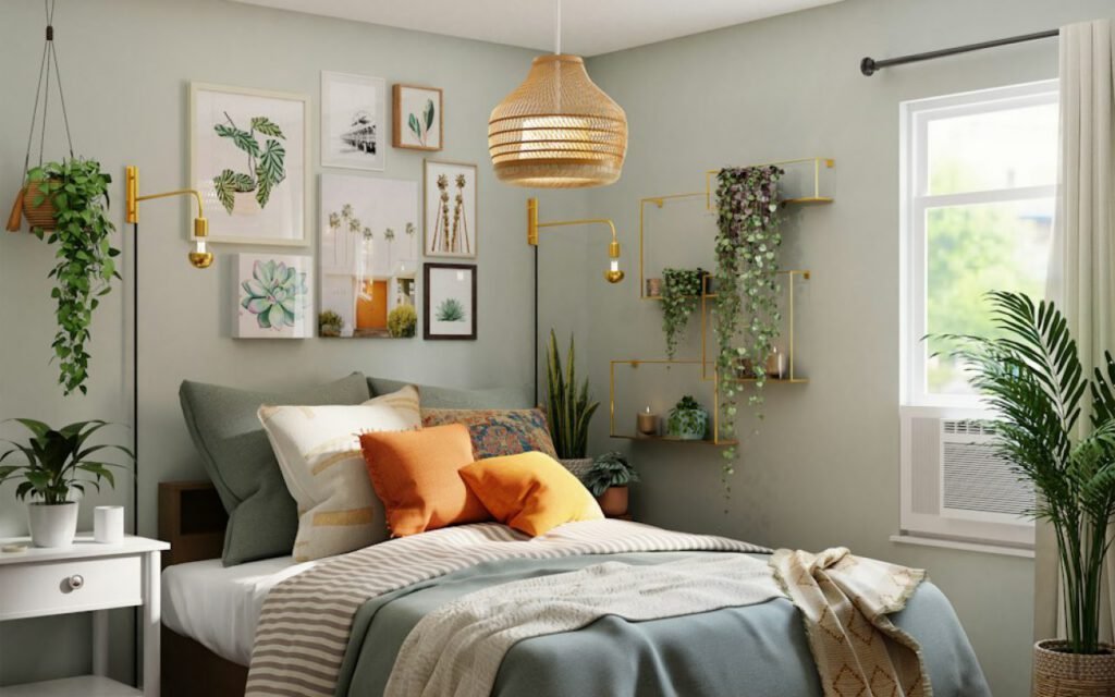 Calm, tidy bedroom with soft bedding and natural light