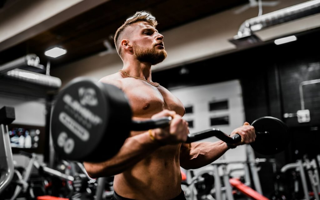 Weight plates stacked on a rack in a gym