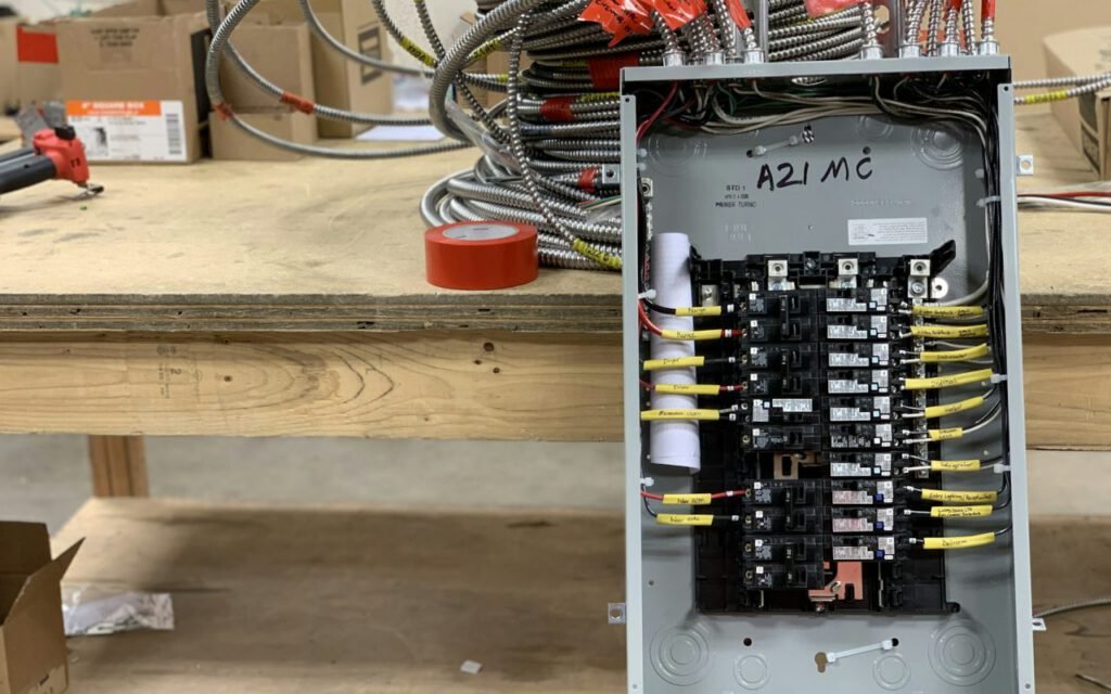 Residential electrical panel with labeled breakers
