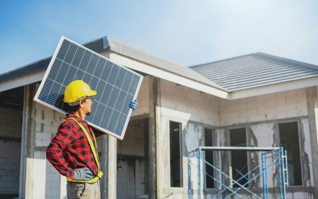 A worker carrying a solar panel across a job site