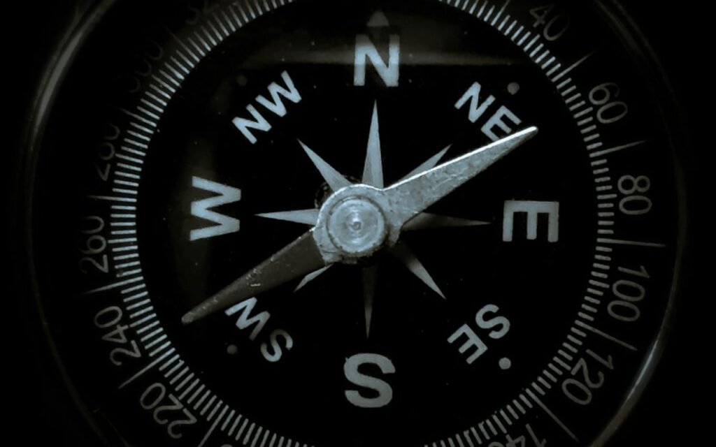 A compass resting on a folded topographic map