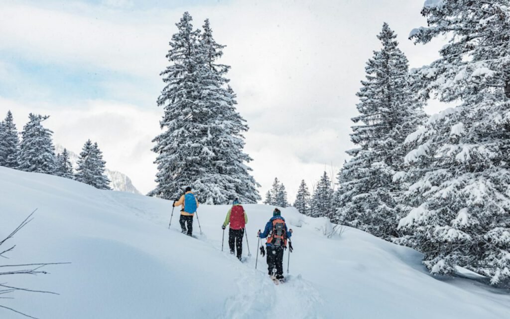 A person walking through deep fresh snow in the mountains