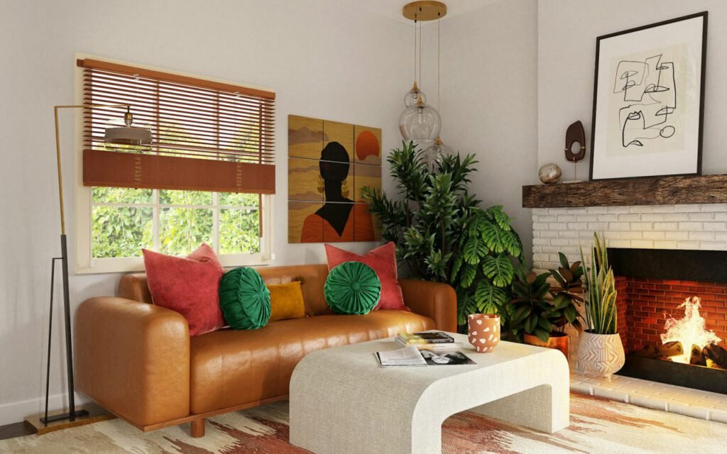 A warm fireplace in a cozy living room