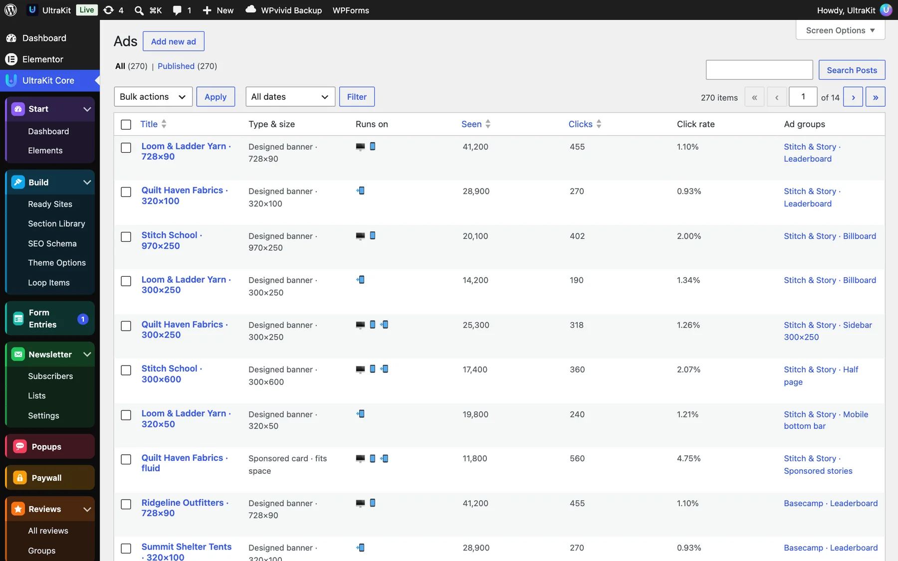 All ads: type and size, devices, views, clicks and click rate