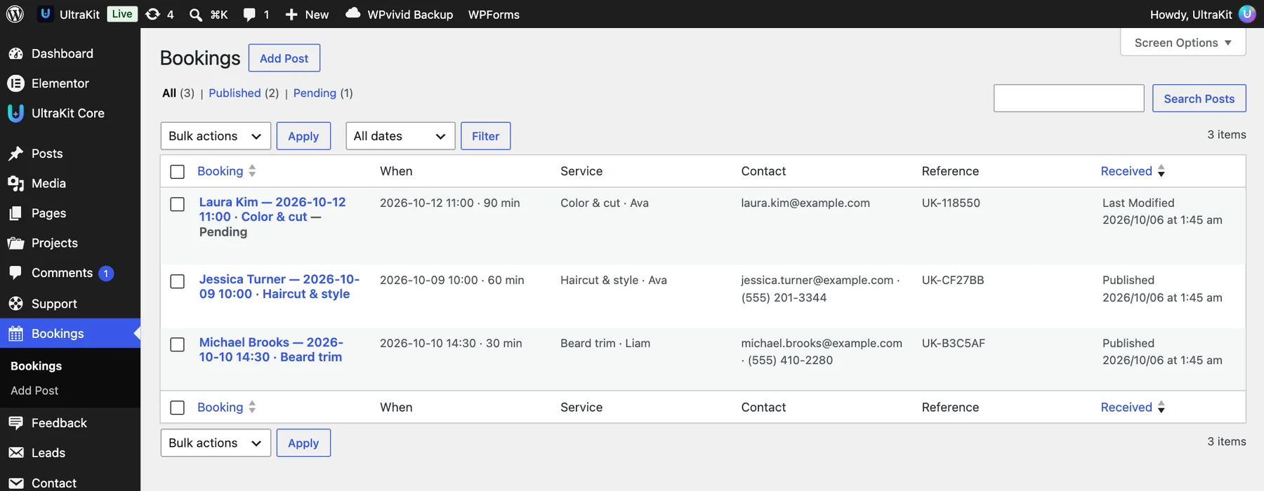 Bookings: when, service and staff, contact, reference — requests show as Pending