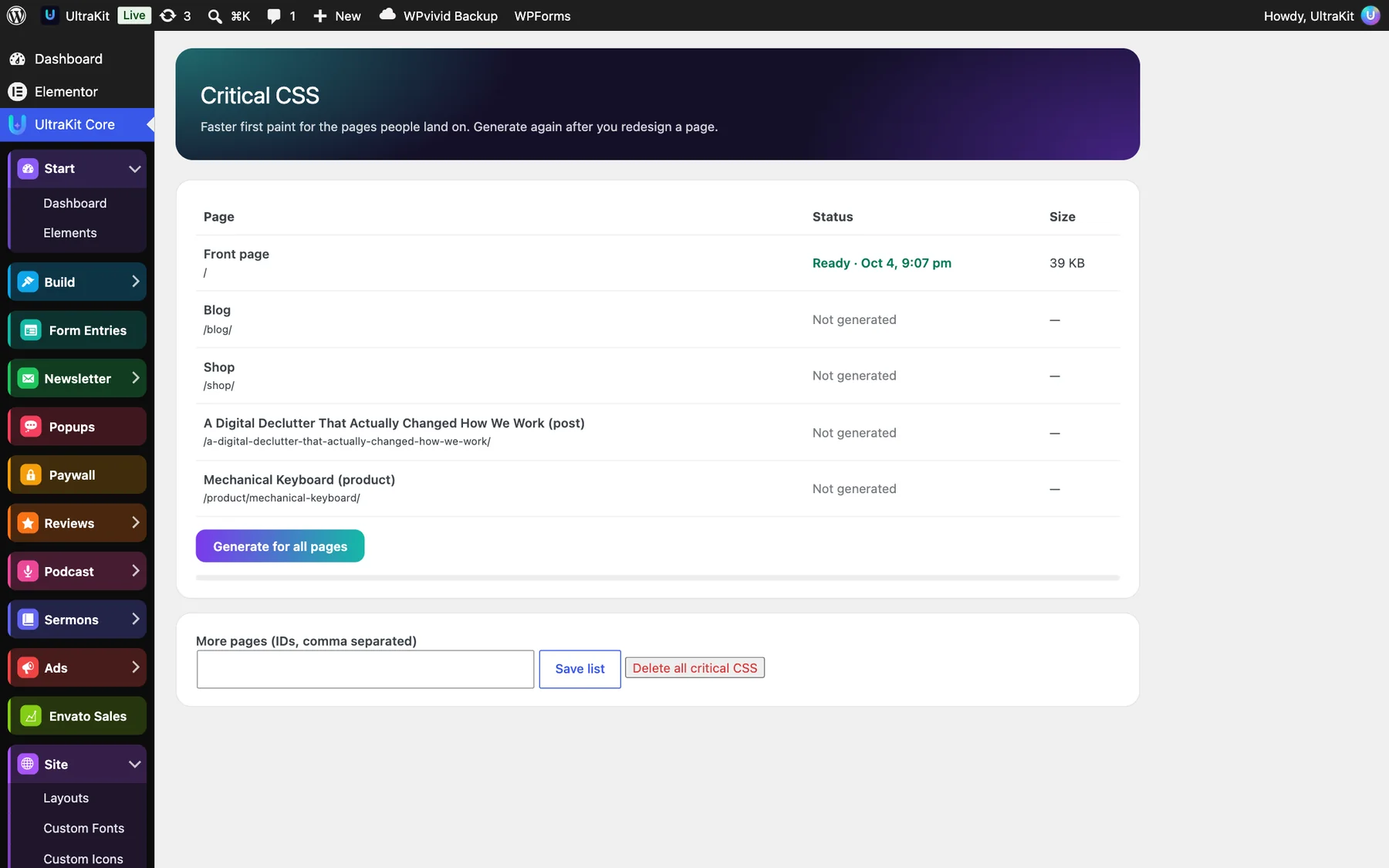 The Critical CSS screen