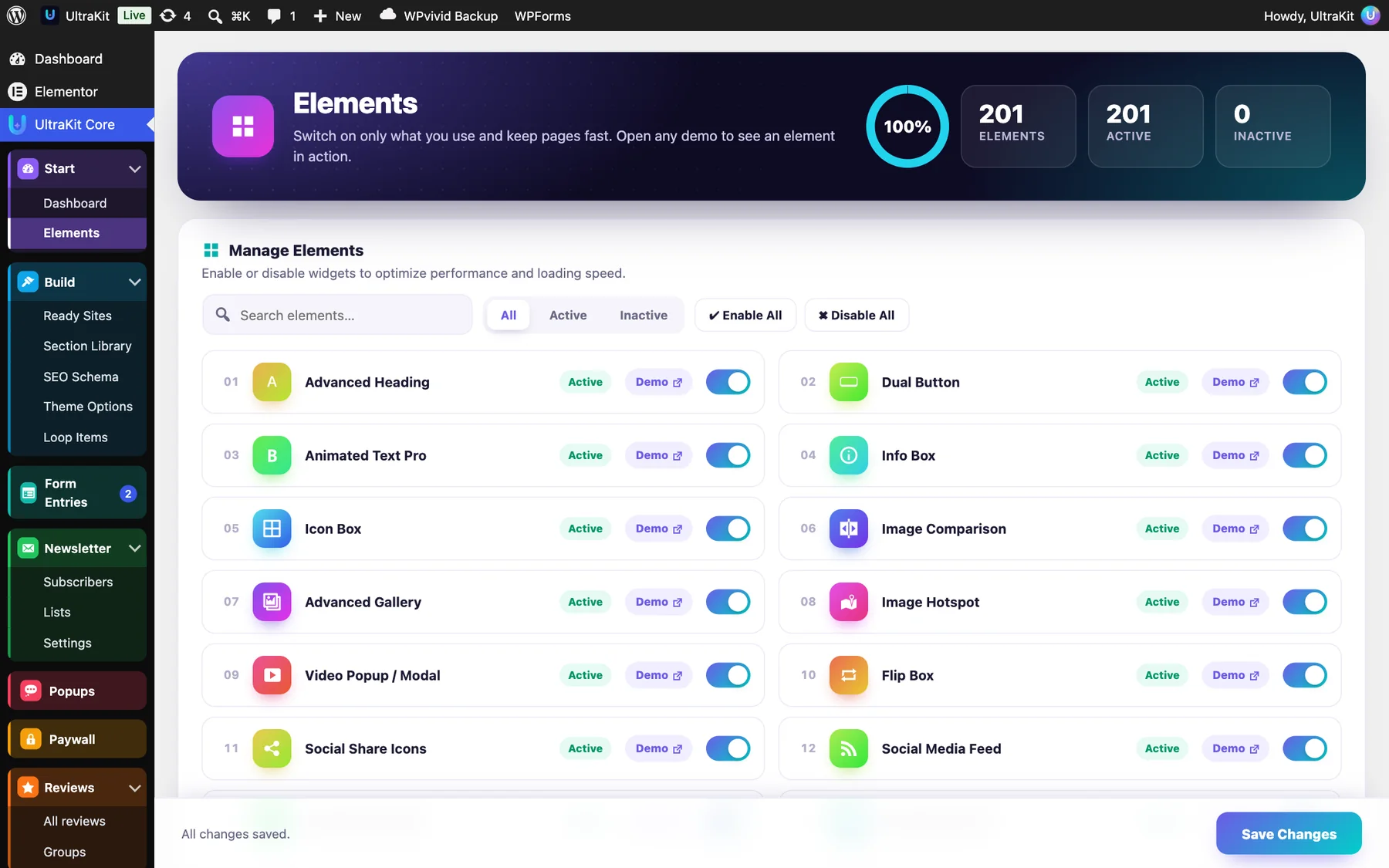 UltraKit Core → Elements: search, filters, a Demo link and a switch for every element