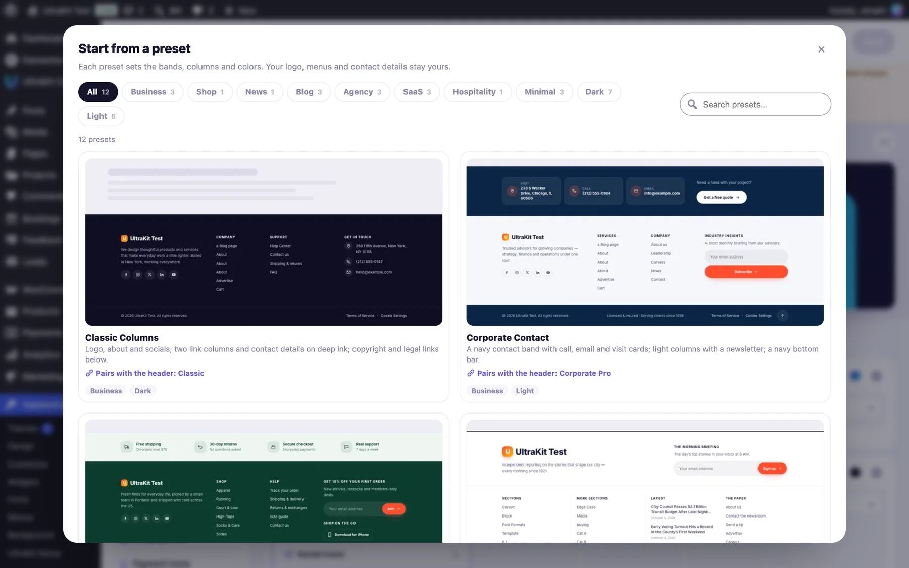 12 presets with categories and search