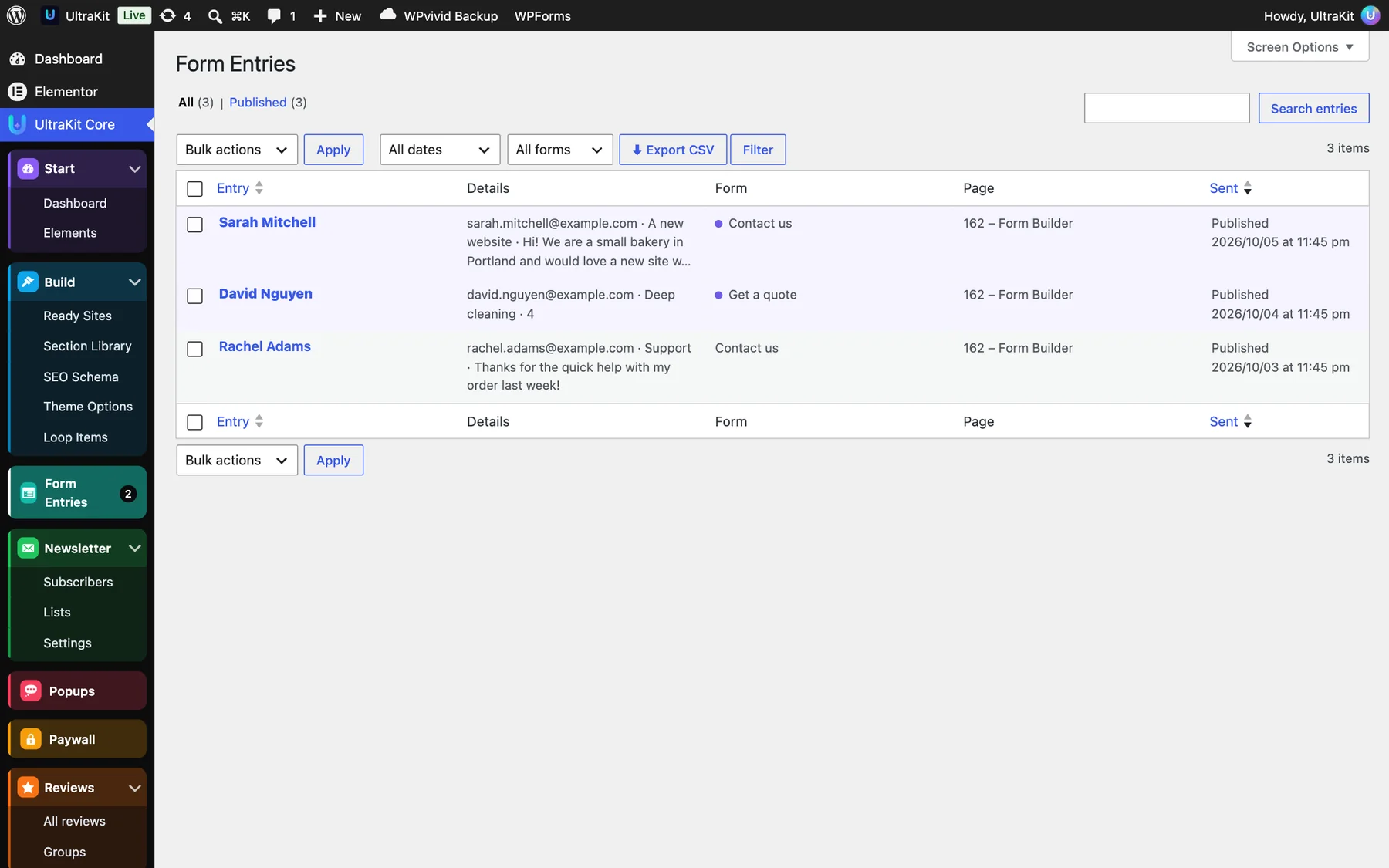 UltraKit Core → Form Entries: unread entries are bold, with a dot by the form name