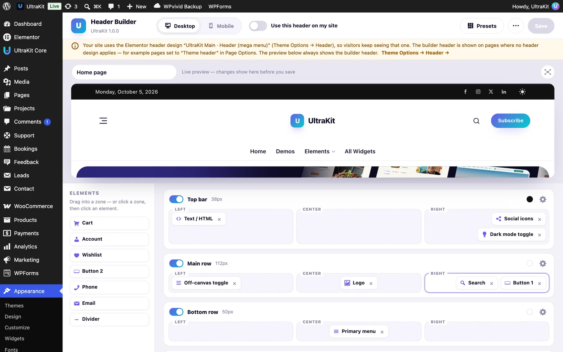 Header Builder: element list on the left, rows and zones below the live preview