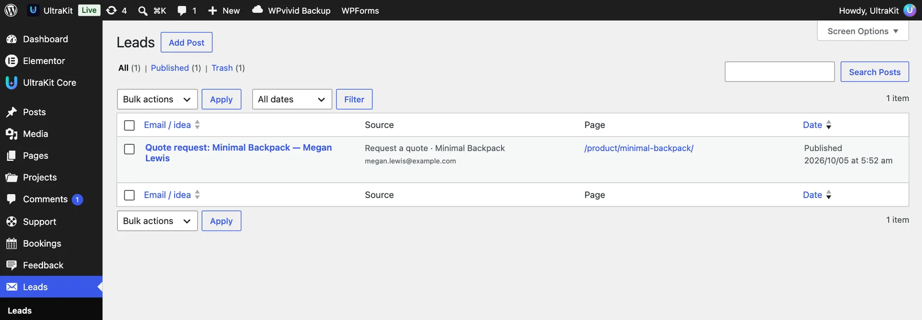 Leads: email or idea, source and page