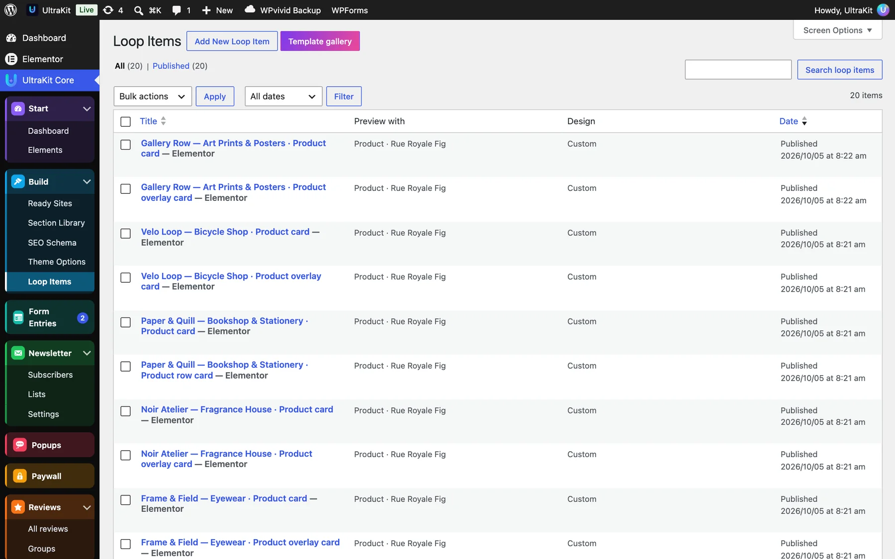 UltraKit Core → Loop Items: Template gallery, Add New Loop Item and the “Preview with” column