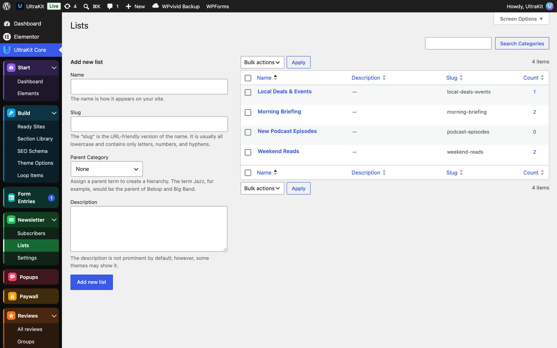 Newsletter → Lists: one list per topic