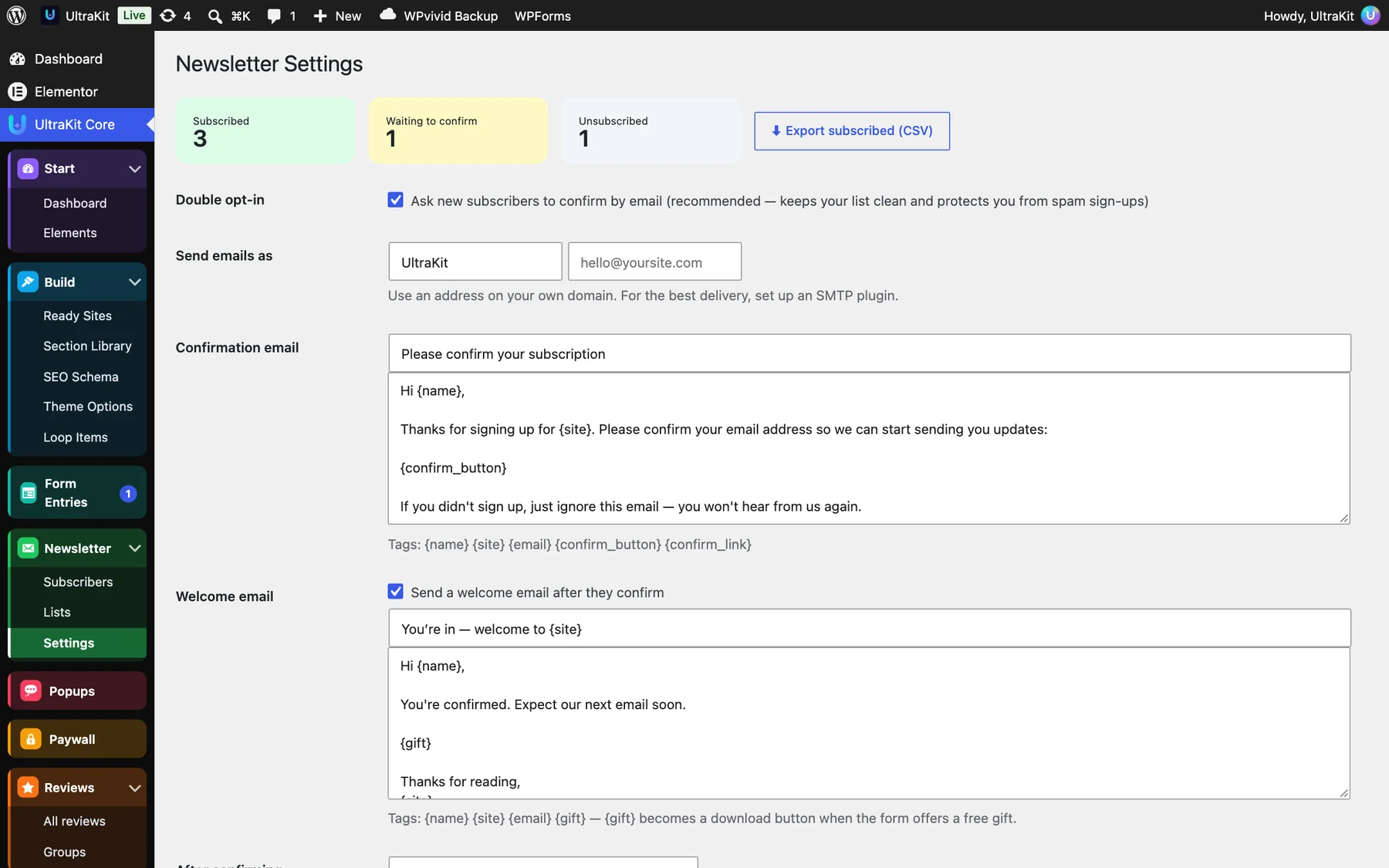 Newsletter → Settings