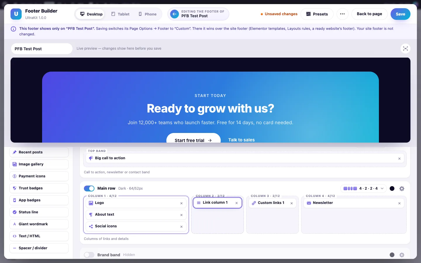 Custom for this page: the Footer Builder opens for this page only