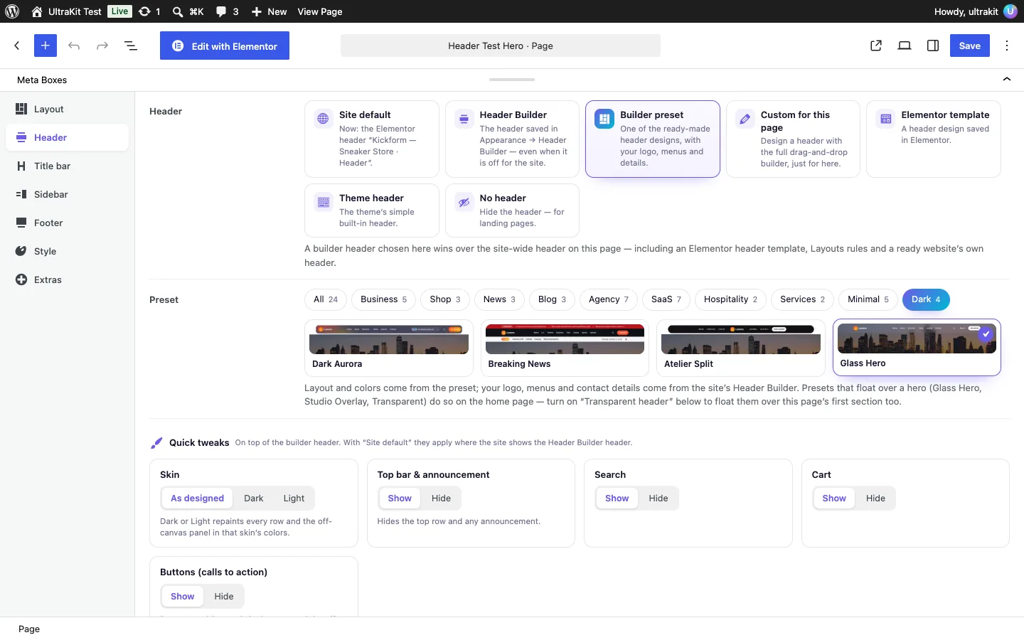 Page Options → Header: header source, preset picker with category chips and quick tweaks