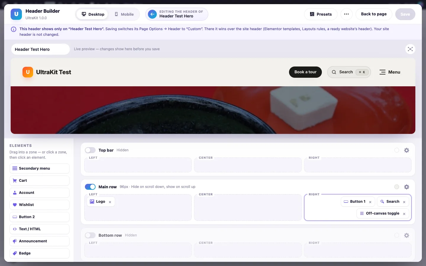 Custom for this page: the Header Builder opens for this page only