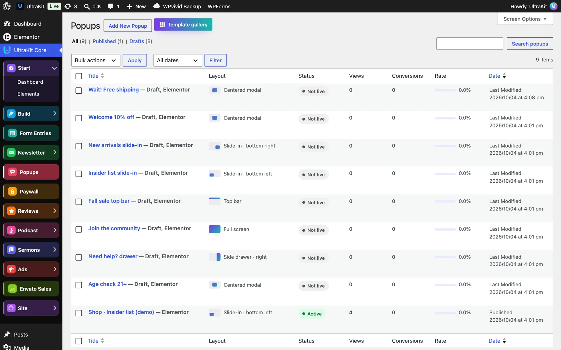 Popups: layout, status, views, conversions and rate for each popup