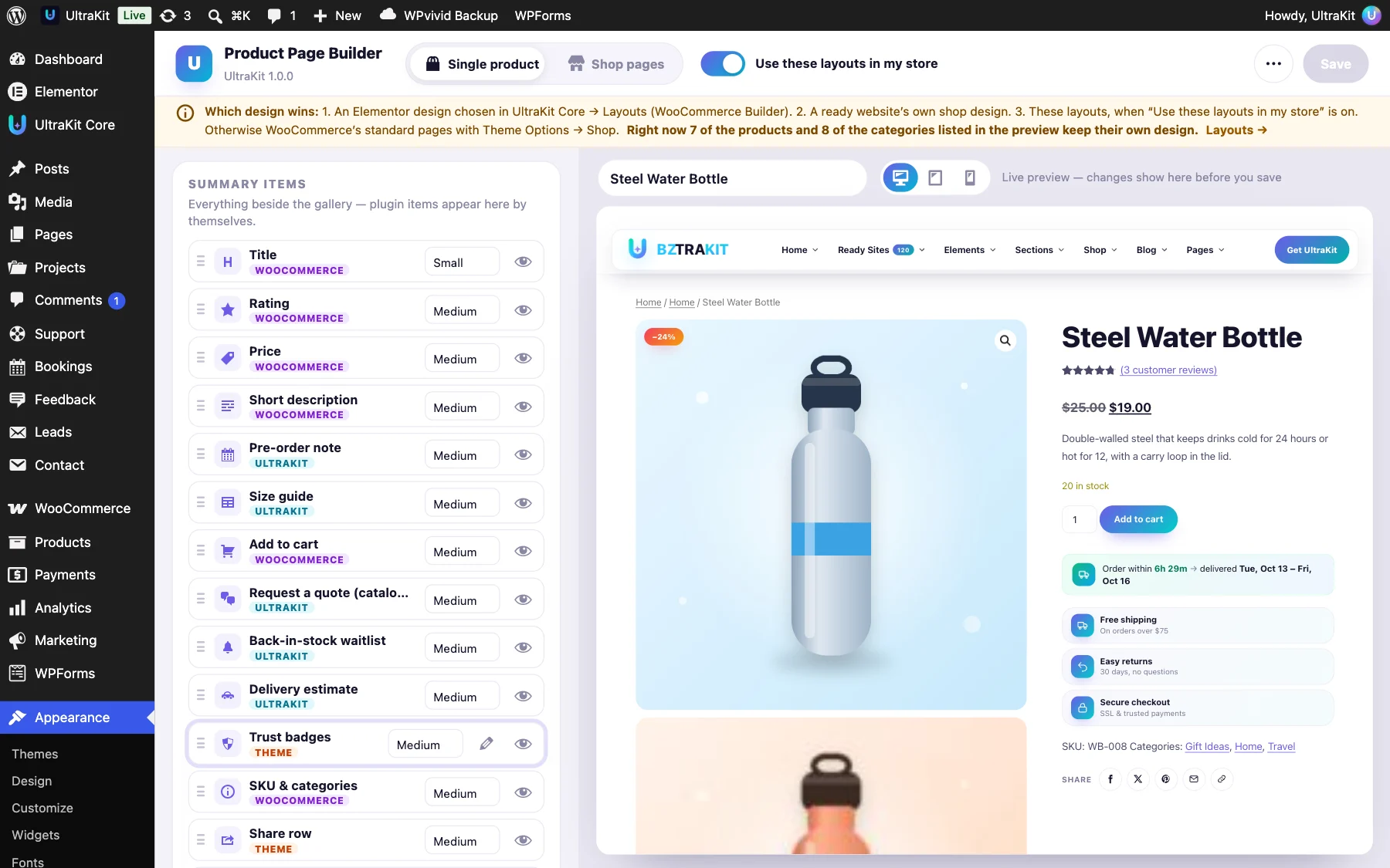 Product Page Builder: summary items you can drag, hide and space, with the live preview beside them